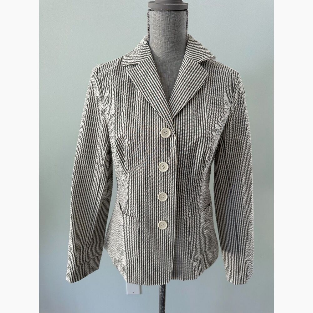 Spiegal Striped Seersucker Blazer Jacket Women size 8 Gray White Coastal Summer
